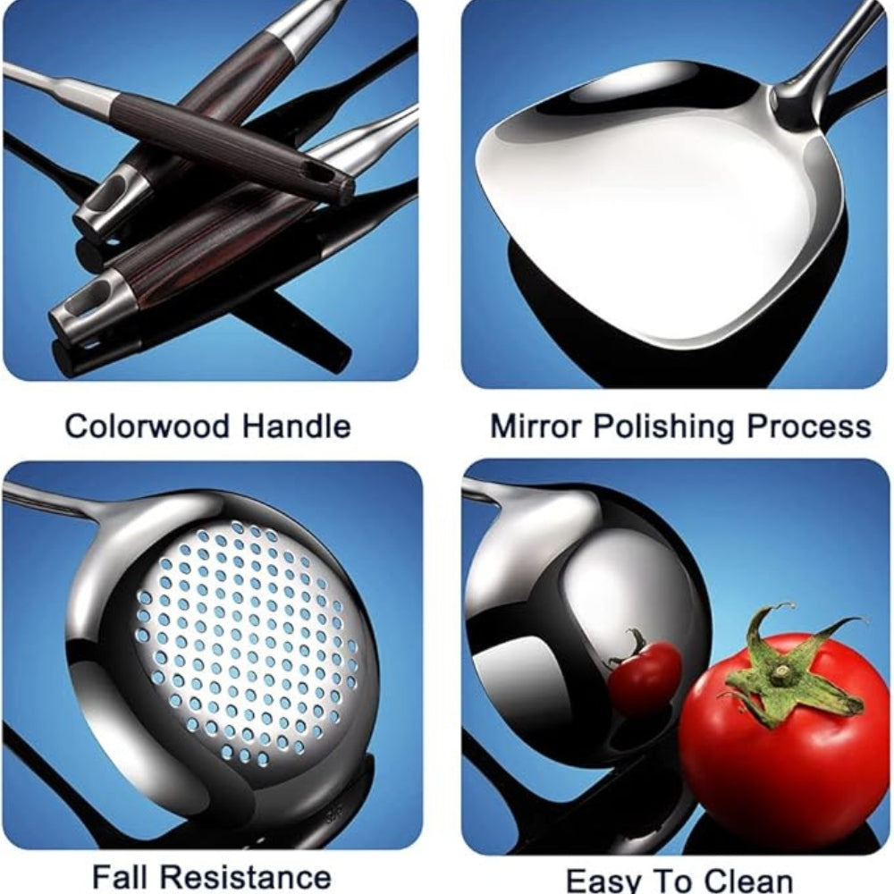 Gleaming Stainless Steel Wooden Utensils | 6Pcs Set 1