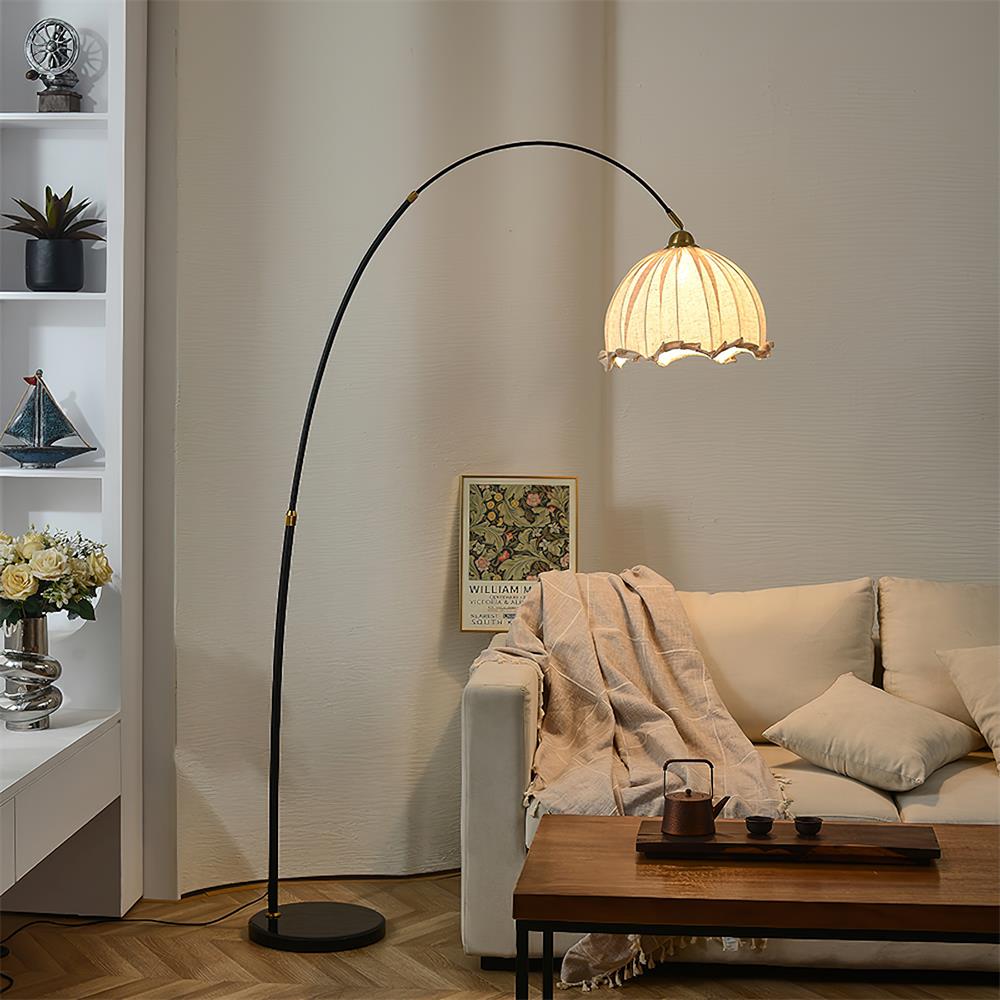 Kimala | Modern Arc Floor Lamp with Fabric Shade & Black Metal Base | Elegant Lighting for Contemporary Spaces