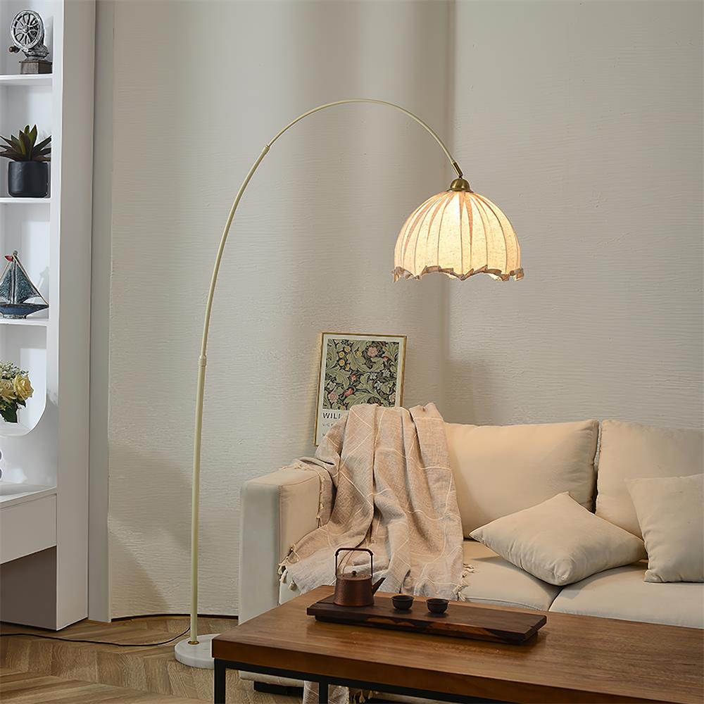 Kimala | Modern Arc Floor Lamp with Fabric Shade & Black Metal Base | Elegant Lighting for Contemporary Spaces
