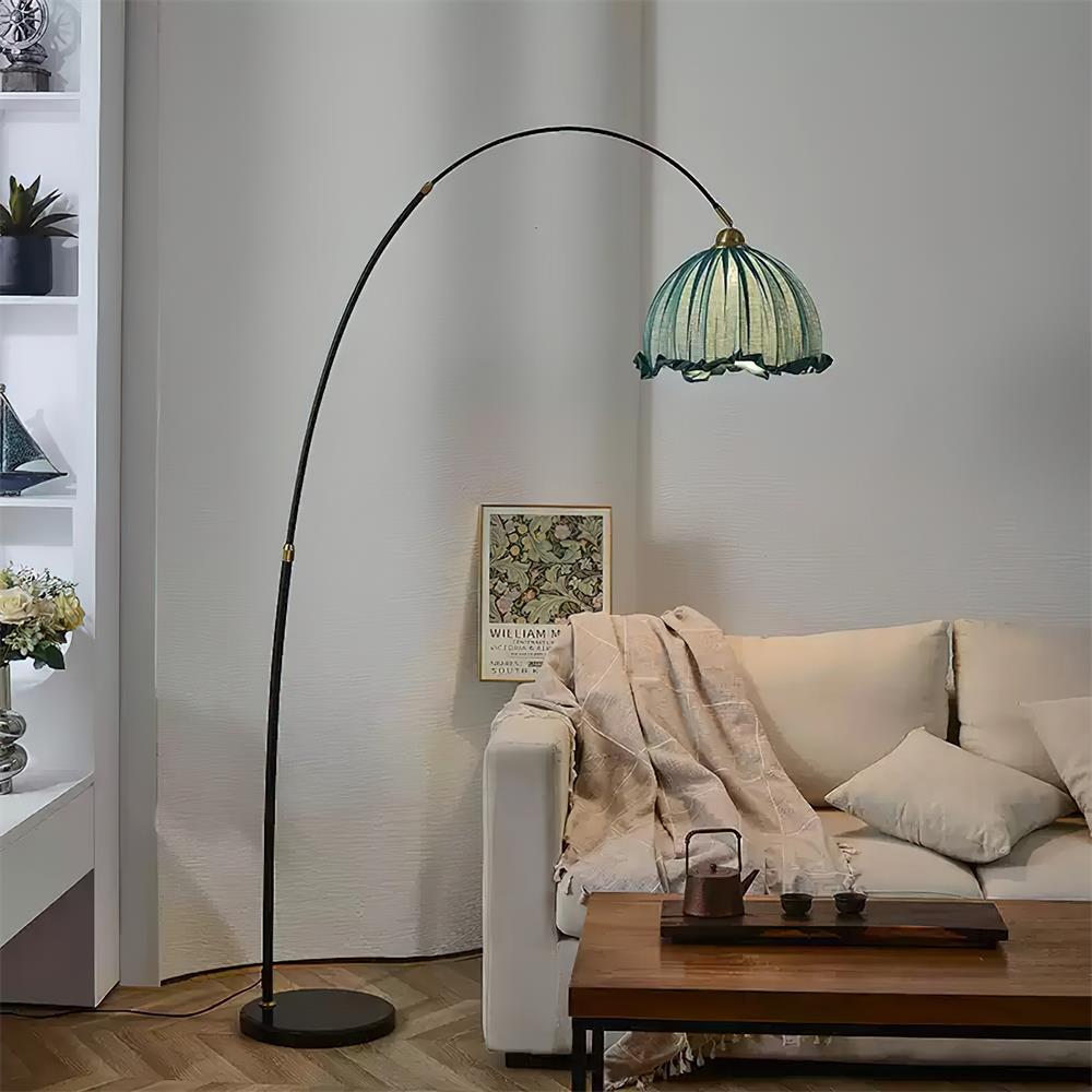 Kimala | Modern Arc Floor Lamp with Fabric Shade & Black Metal Base | Elegant Lighting for Contemporary Spaces