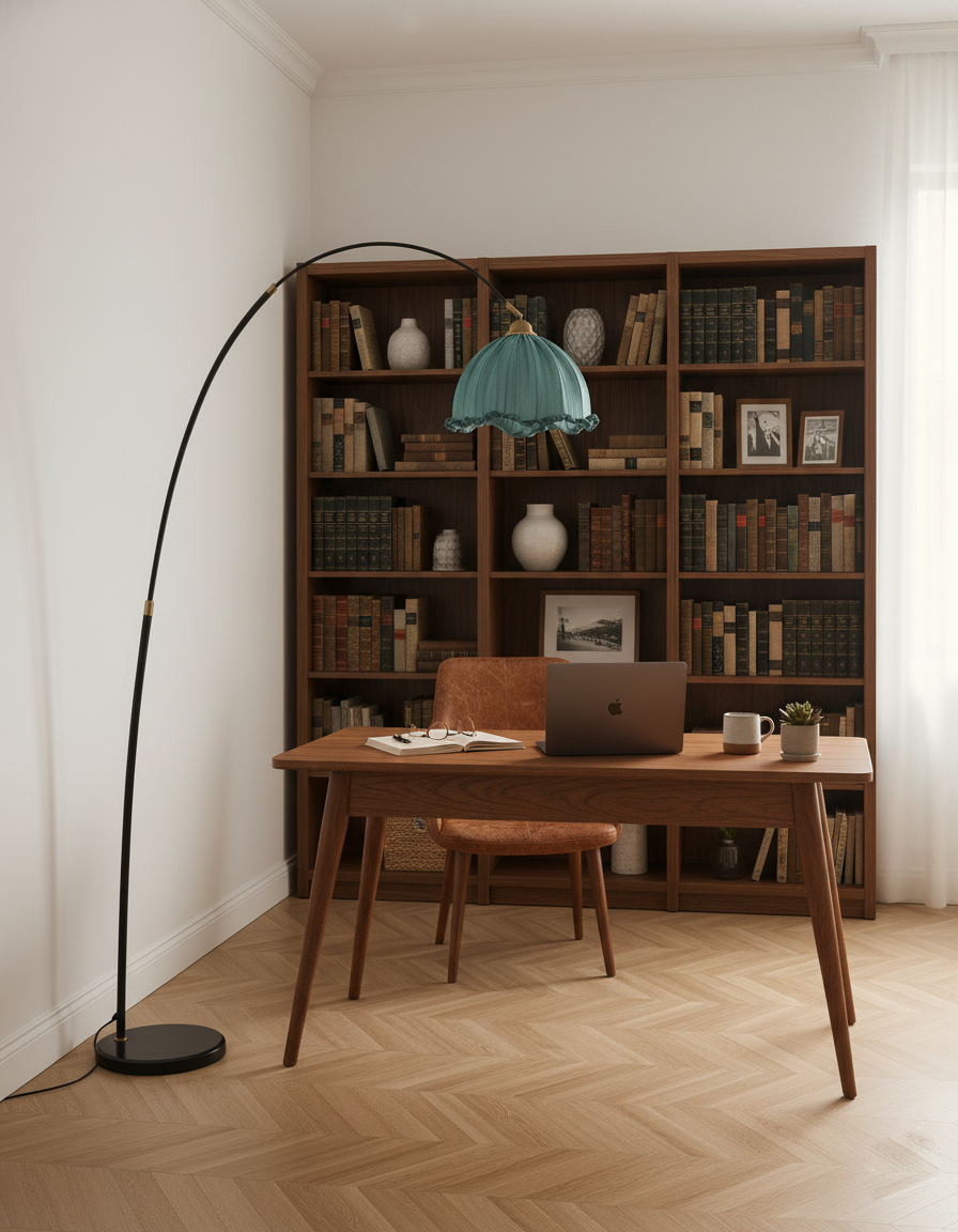 Kimala | Modern Arc Floor Lamp with Fabric Shade & Black Metal Base | Elegant Lighting for Contemporary Spaces