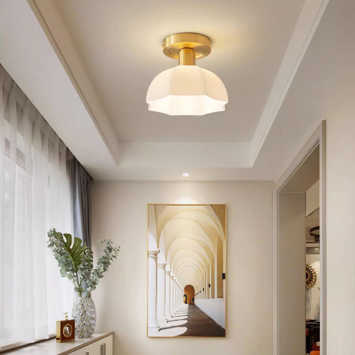 Mid-Century Brass Opal Glass Flush Mount Light