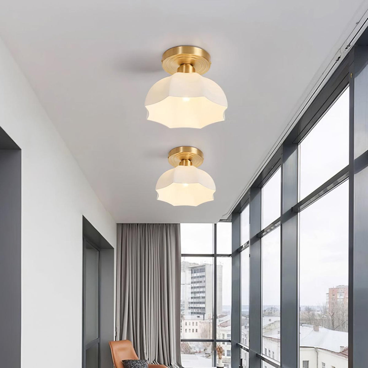 Mid-Century Brass Opal Glass Flush Mount Light