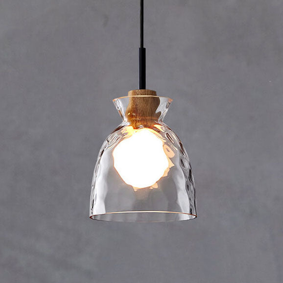Nordic Collection | Glass Pendant Lighting with Rippled Shade & Natural Wood Accent | Modern Fixture for Stylish Interiors