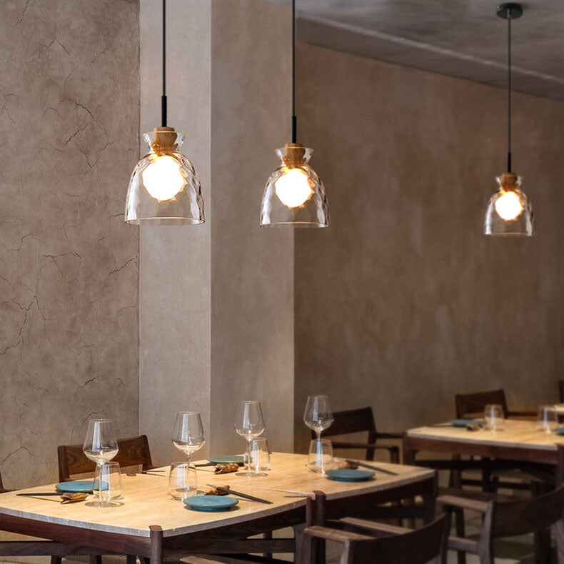Nordic Collection | Glass Pendant Lighting with Rippled Shade & Natural Wood Accent | Modern Fixture for Stylish Interiors