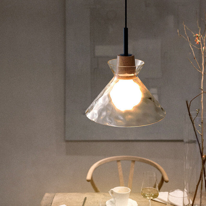 Nordic Collection | Glass Pendant Lighting with Rippled Shade & Natural Wood Accent | Modern Fixture for Stylish Interiors