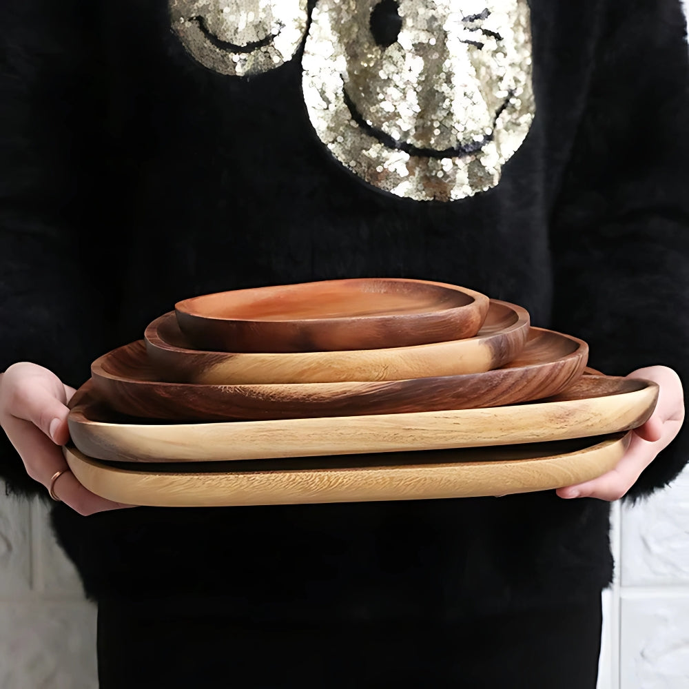 Oval Shaped Acacia Wood Serving Trays Set 1
