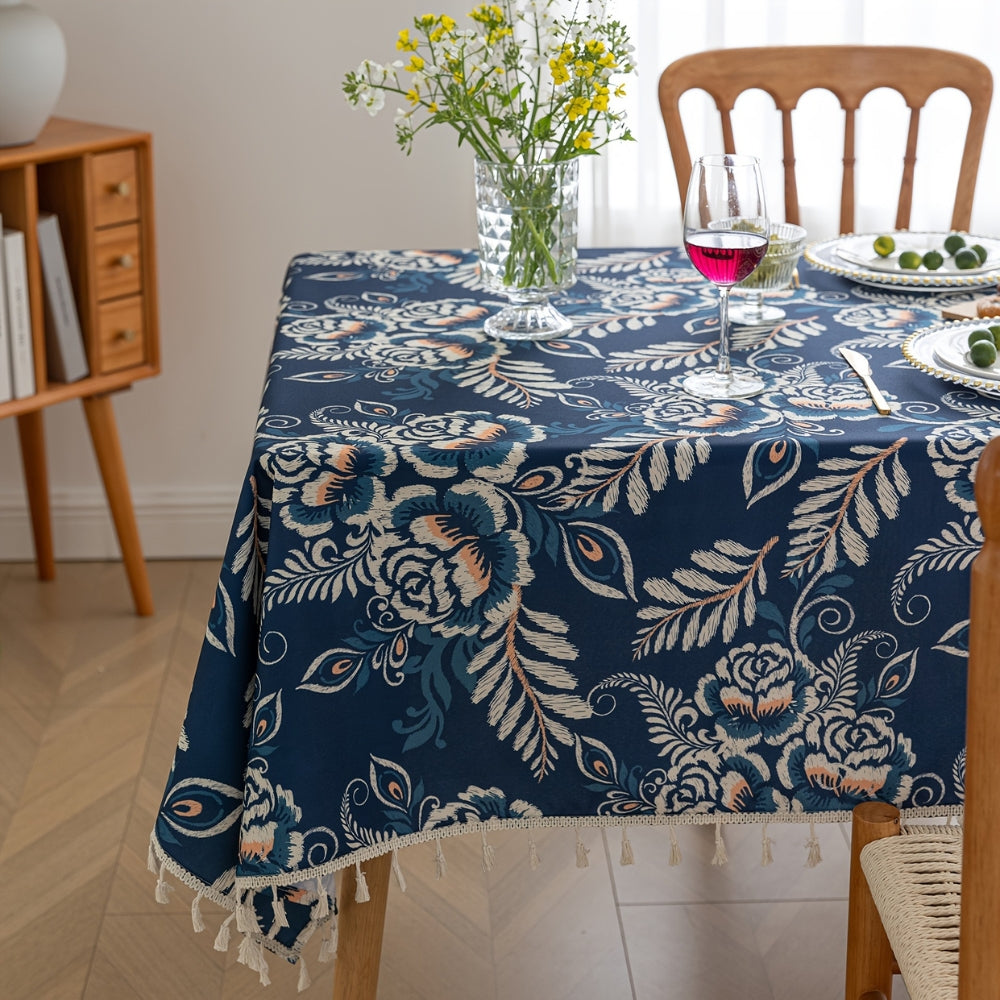 Peacock Blossom Boho Floral Tablecloth with Tassel 2