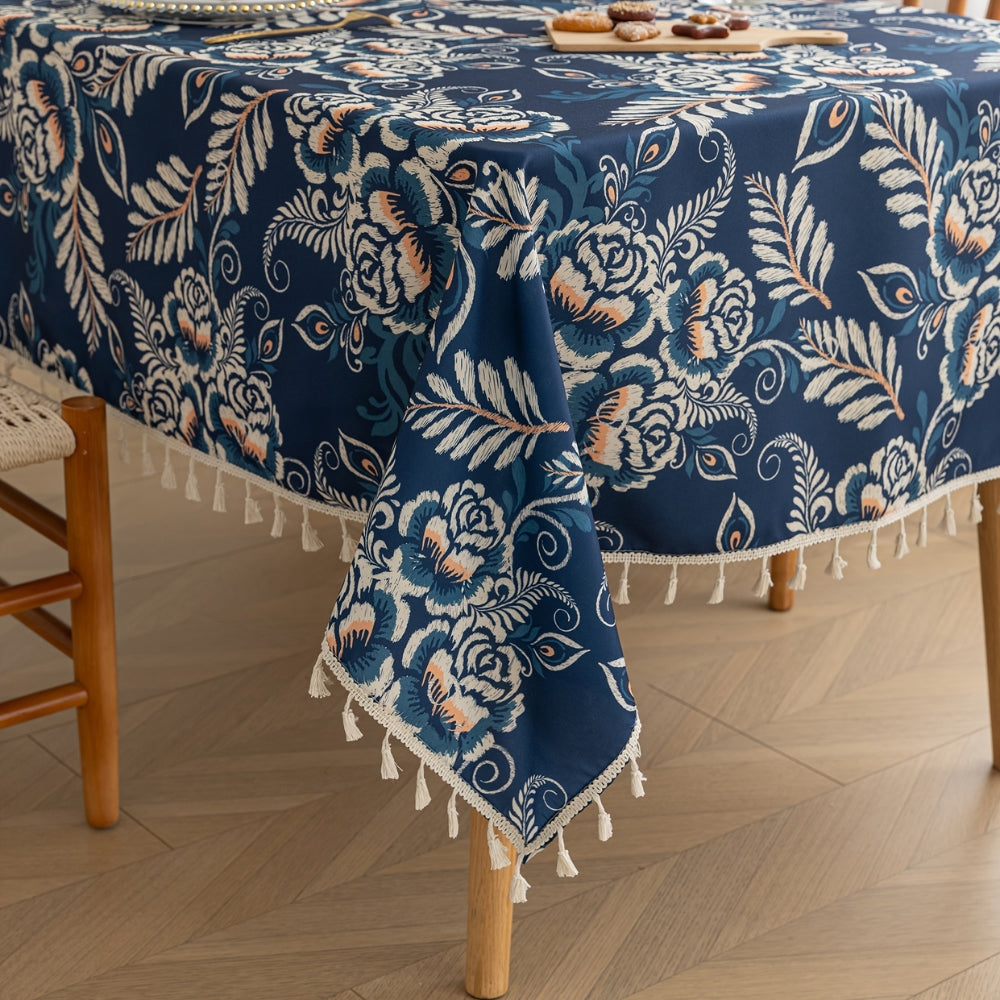 Peacock Blossom Boho Floral Tablecloth with Tassel 5