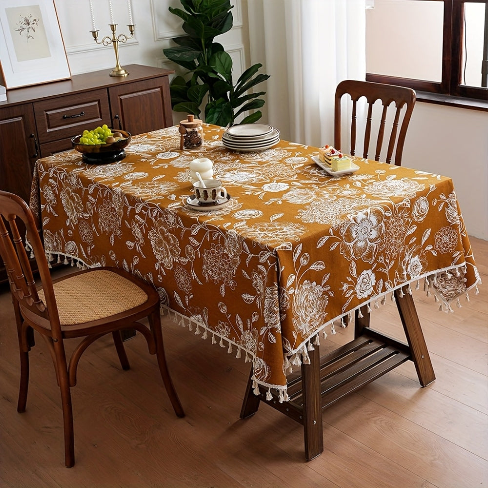 Peacock Blossom Boho Floral Tablecloth with Tassel 6