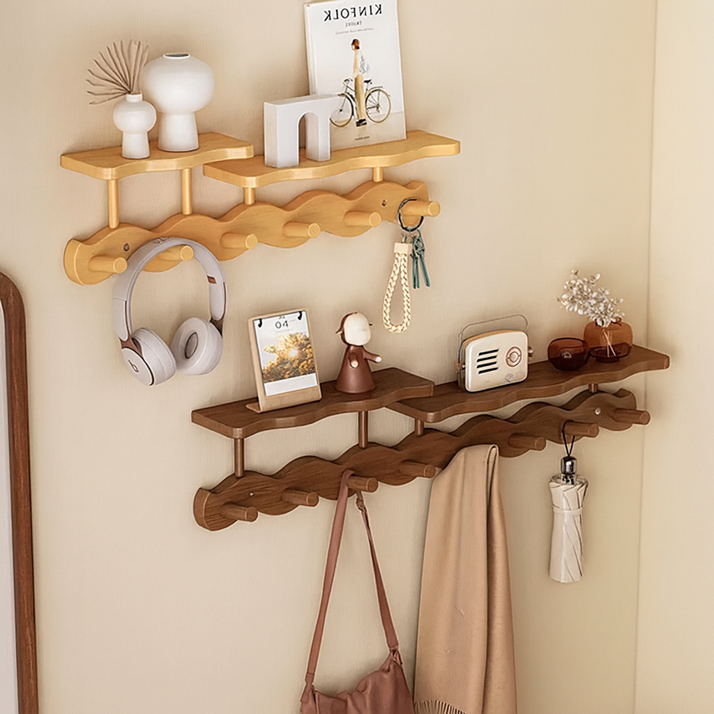 Ripple Collection | Bamboo Entryway Wall Rack with Hooks & Shelf | Stylish Organizer for Clutter-Free Spaces
