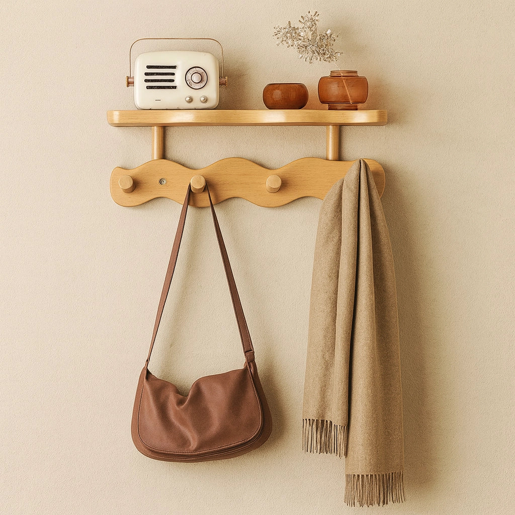 Ripple Collection | Bamboo Entryway Wall Rack with Hooks & Shelf | Stylish Organizer for Clutter-Free Spaces