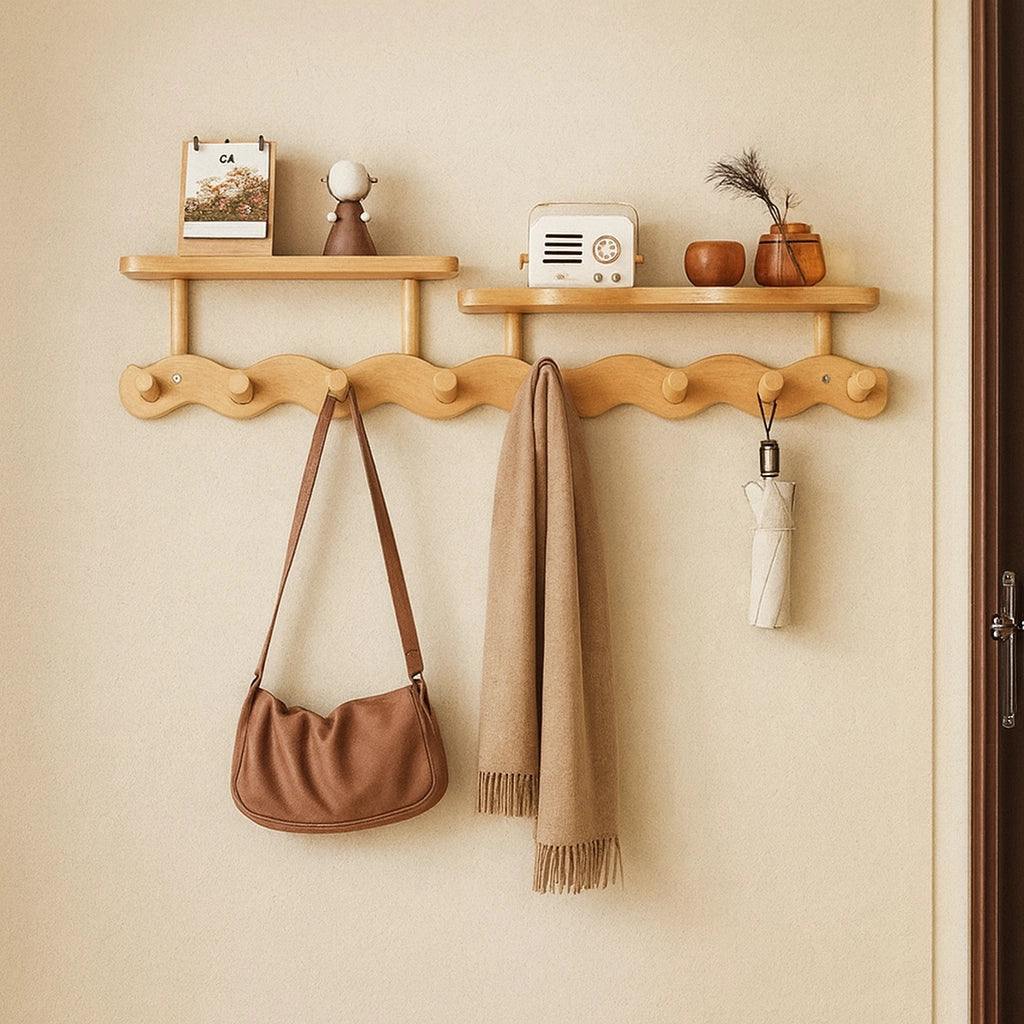 Ripple Collection | Bamboo Entryway Wall Rack with Hooks & Shelf | Stylish Organizer for Clutter-Free Spaces