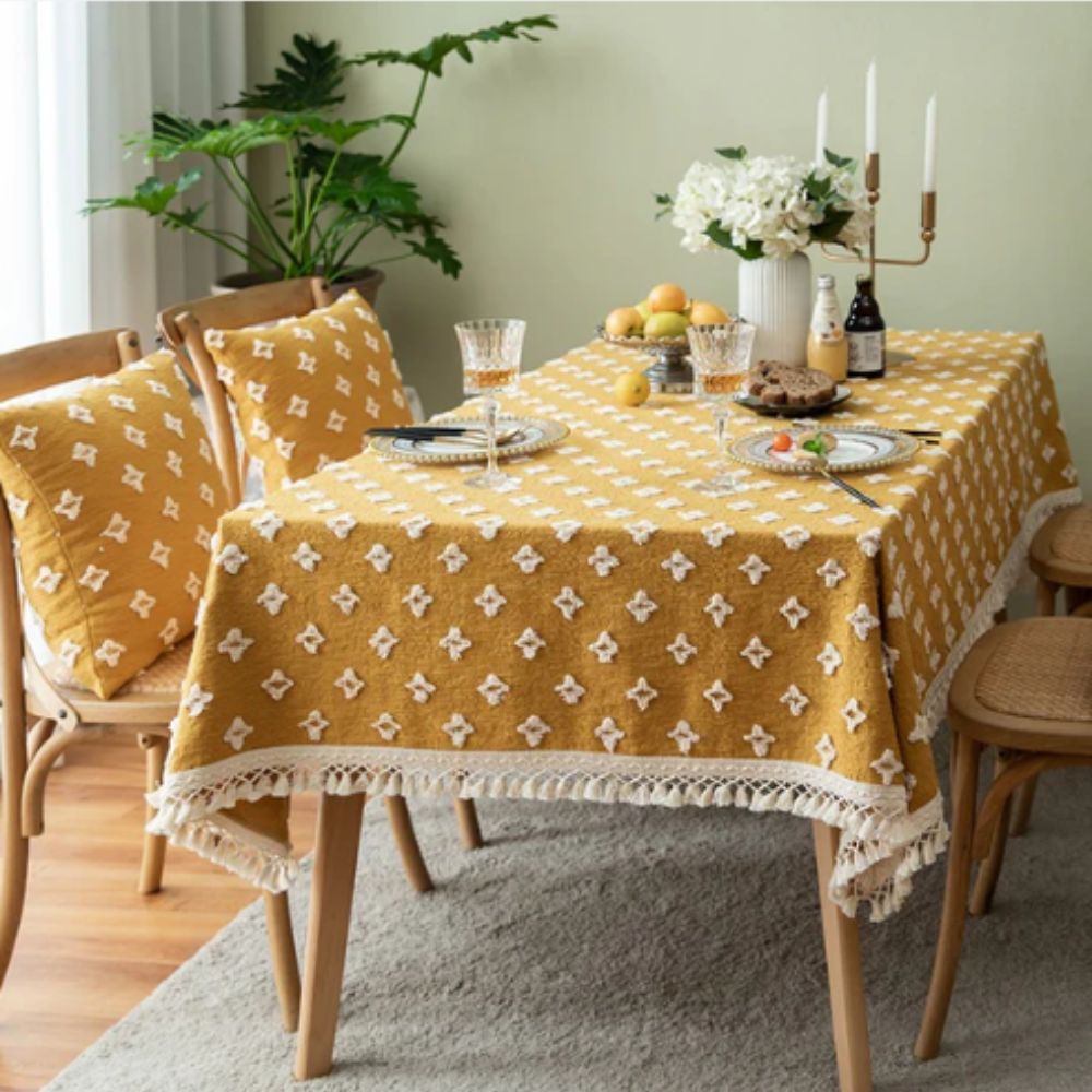 Versatile Yellow Embroidered Tassel Tablecloth 0