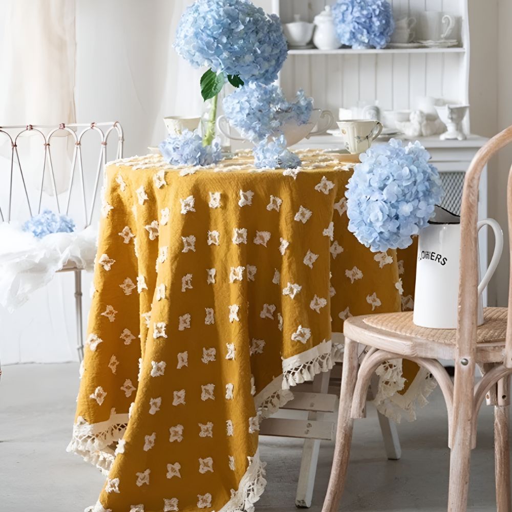Versatile Yellow Embroidered Tassel Tablecloth 1