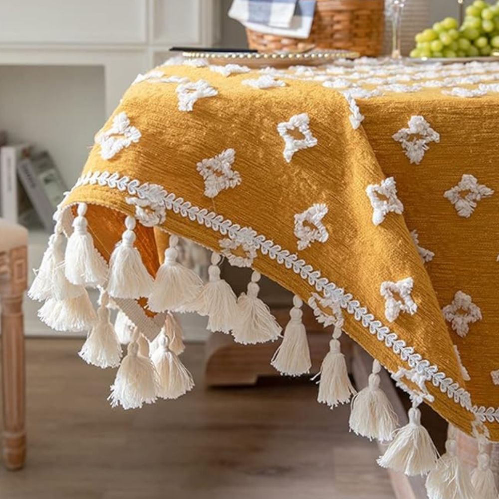 Versatile Yellow Embroidered Tassel Tablecloth 5