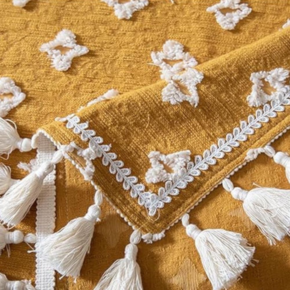 Versatile Yellow Embroidered Tassel Tablecloth 6