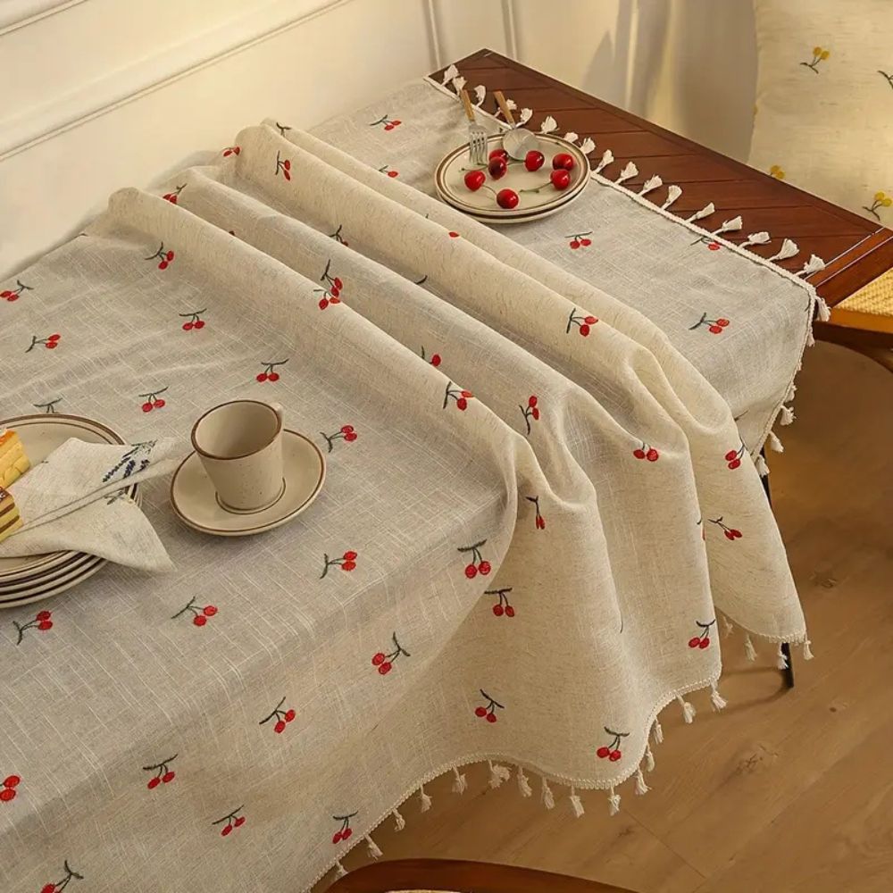 Vintage Red Cherry Tassel Tablecloth 0