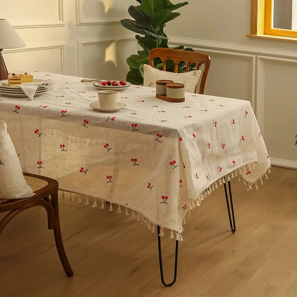 Vintage Red Cherry Tassel Tablecloth 1