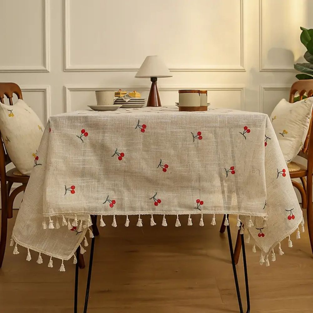 Vintage Red Cherry Tassel Tablecloth 4