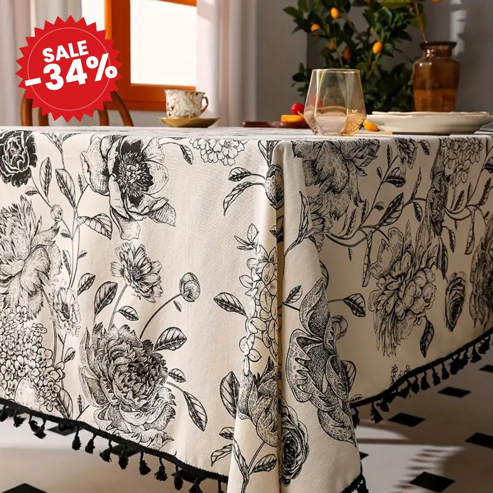 Black Floral Tasseled Farmhouse Tablecloth - SALE -34%