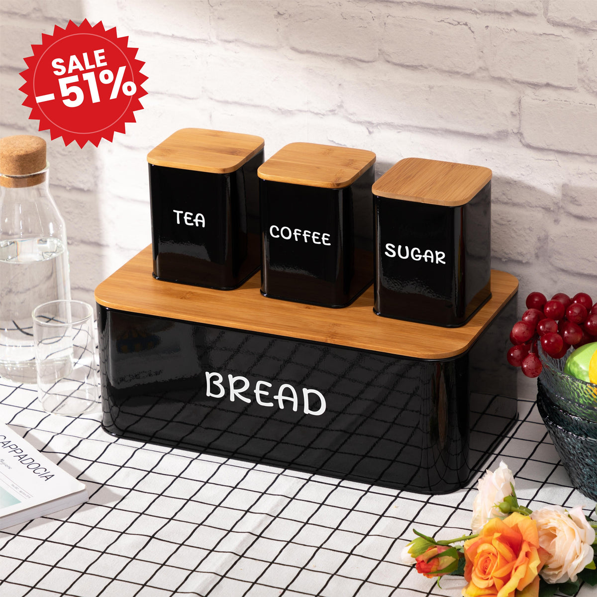Bread Box Set with Tea, Coffee & Sugar Canisters - SALE -51%