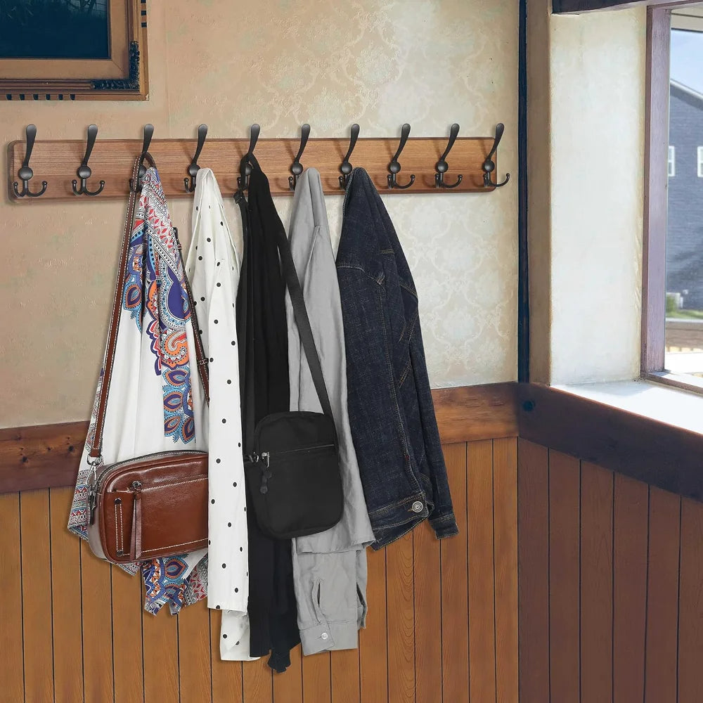 Wooden Wall-Mounted Coat Rack with 10 Hooks - Kitchen Tool | Multi-Function | Durable